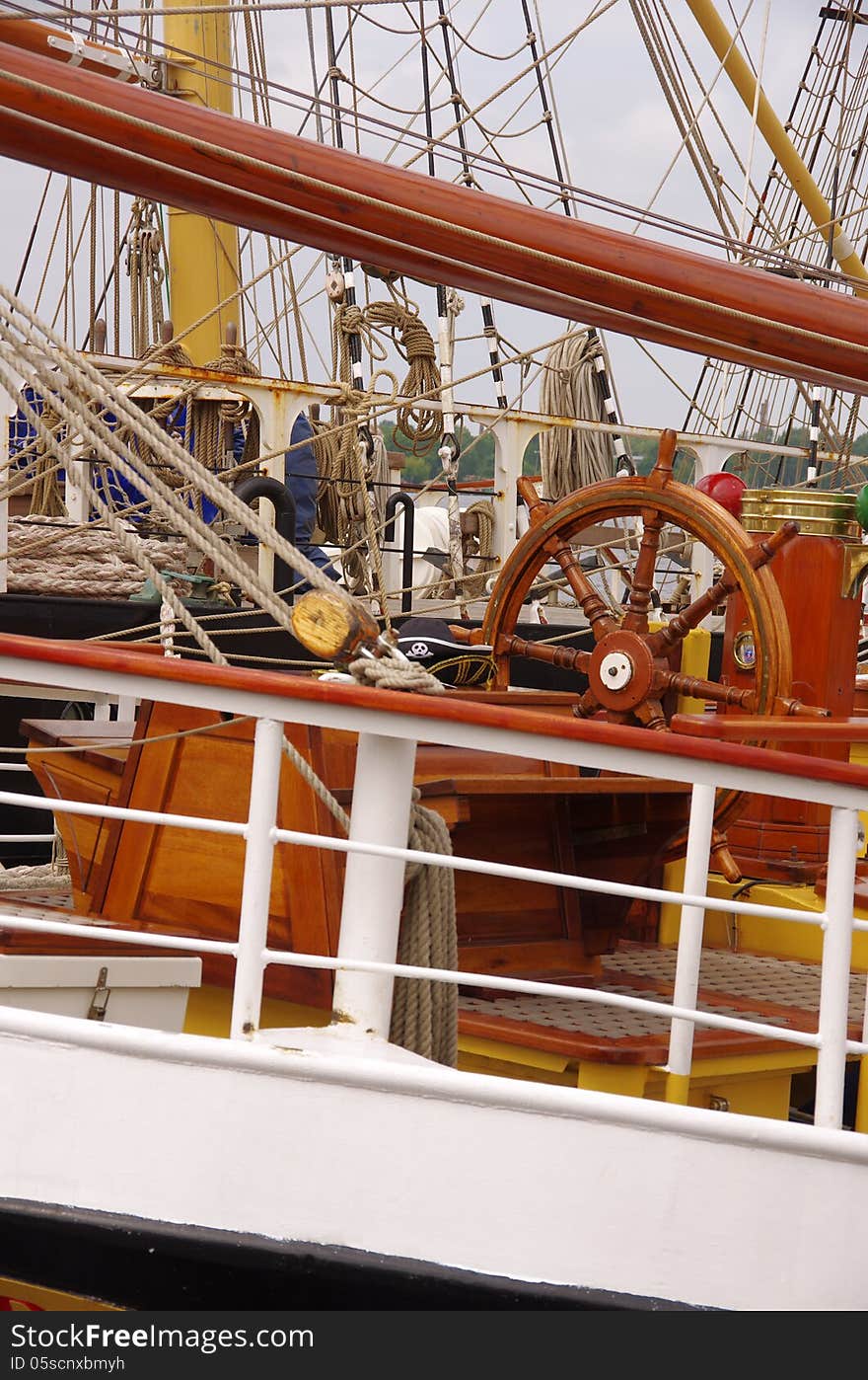 Steering wheel on a sailboat