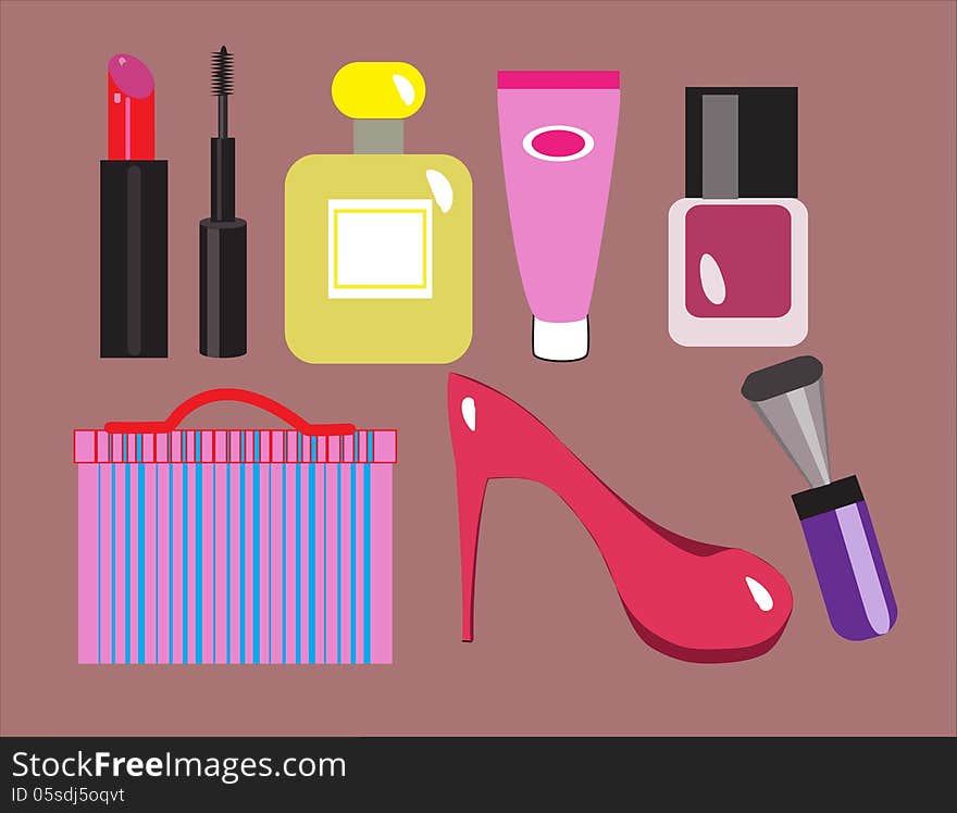 Pattern make-up, perfume female equipment, womens accessory, cosmetics product. Pattern make-up, perfume female equipment, womens accessory, cosmetics product