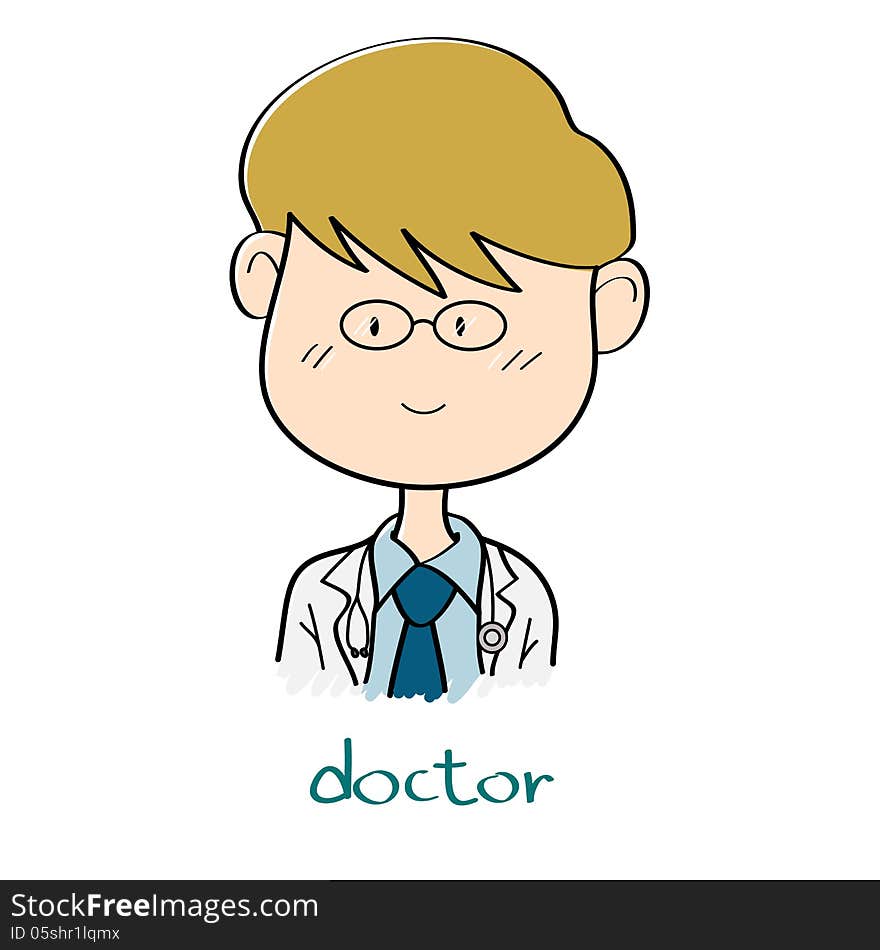 Doctor in cartoon style with word doctor. Doctor in cartoon style with word doctor