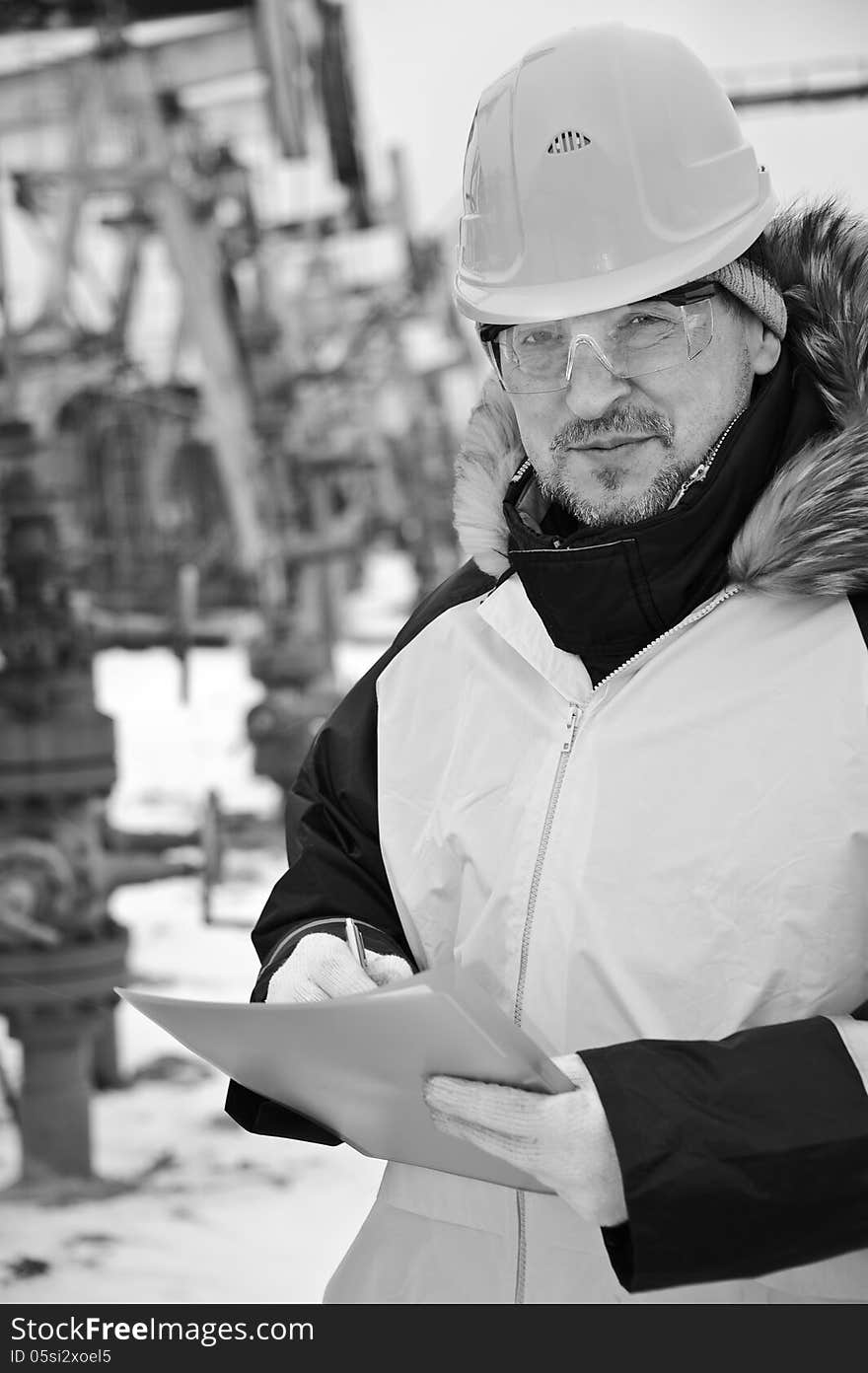 Engineer in uniform and helmet on of background the pump jack. Black and white. Engineer in uniform and helmet on of background the pump jack. Black and white.