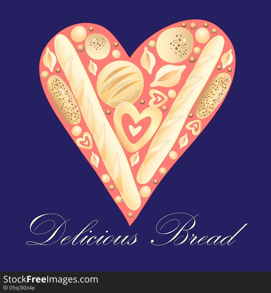 Different tasty bread on the background of the heart. Different tasty bread on the background of the heart