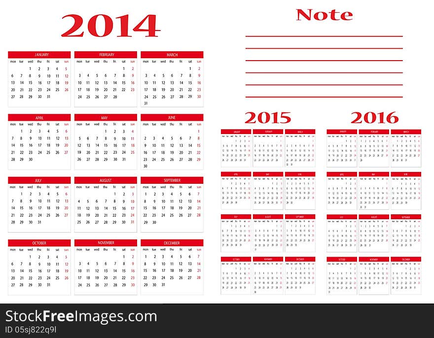 New calendar 2014-2015-2016 in english