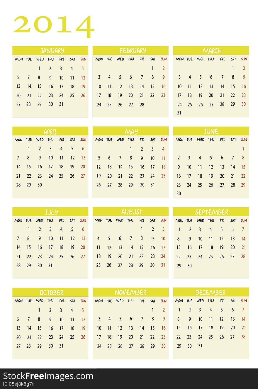 New calendar 2014 in english