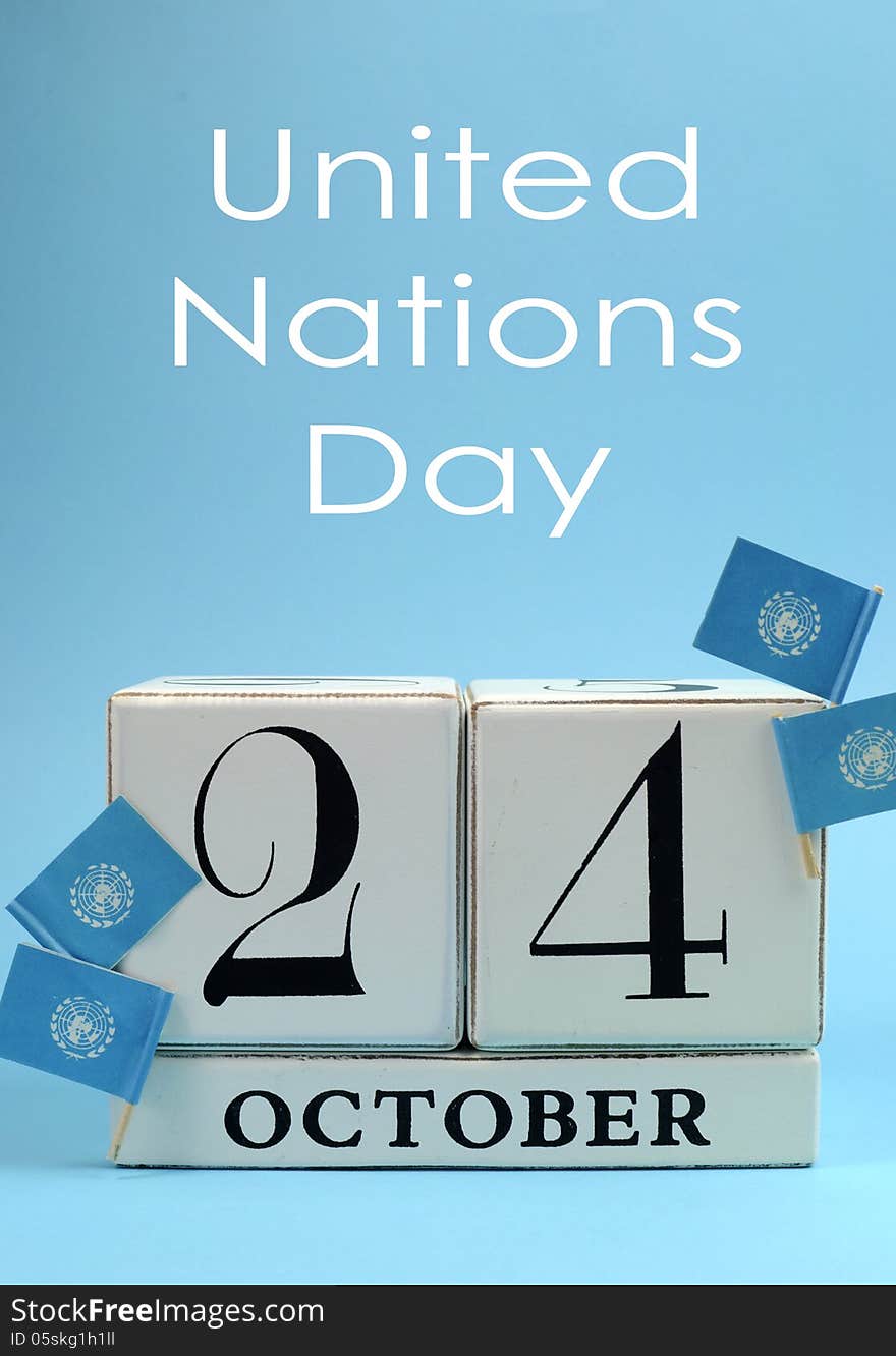 Save the Date white block calendar for October 24, United Nations Day - vertical.