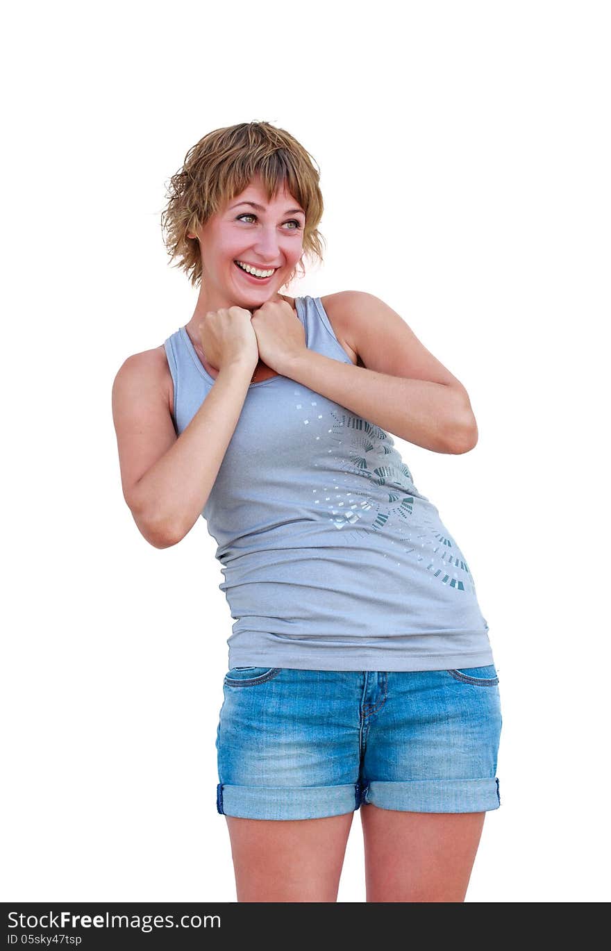 Young woman is holding her hands in astonishment, isolated over white. Young woman is holding her hands in astonishment, isolated over white