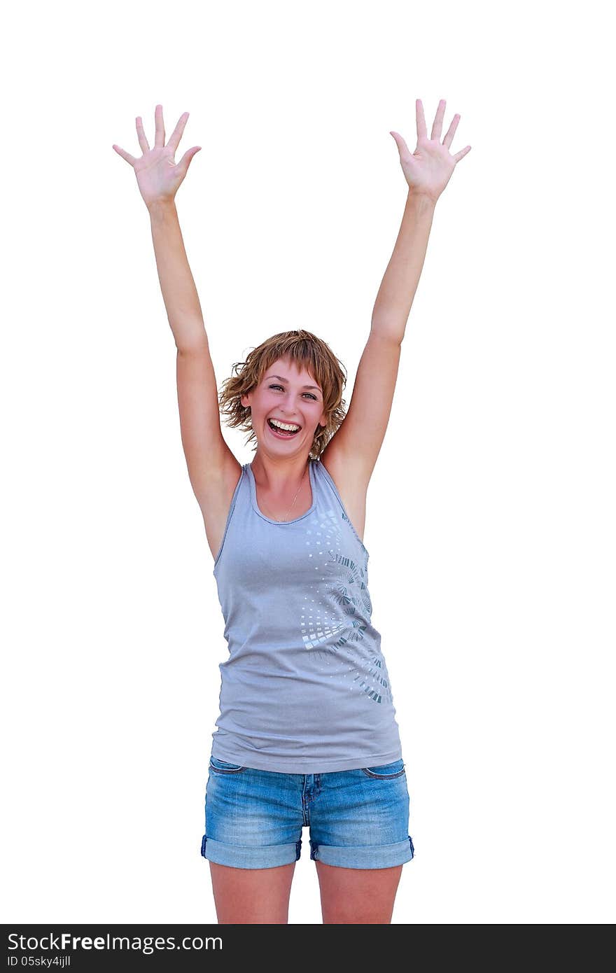 Young happy woman with hands up, isolated on white. Young happy woman with hands up, isolated on white