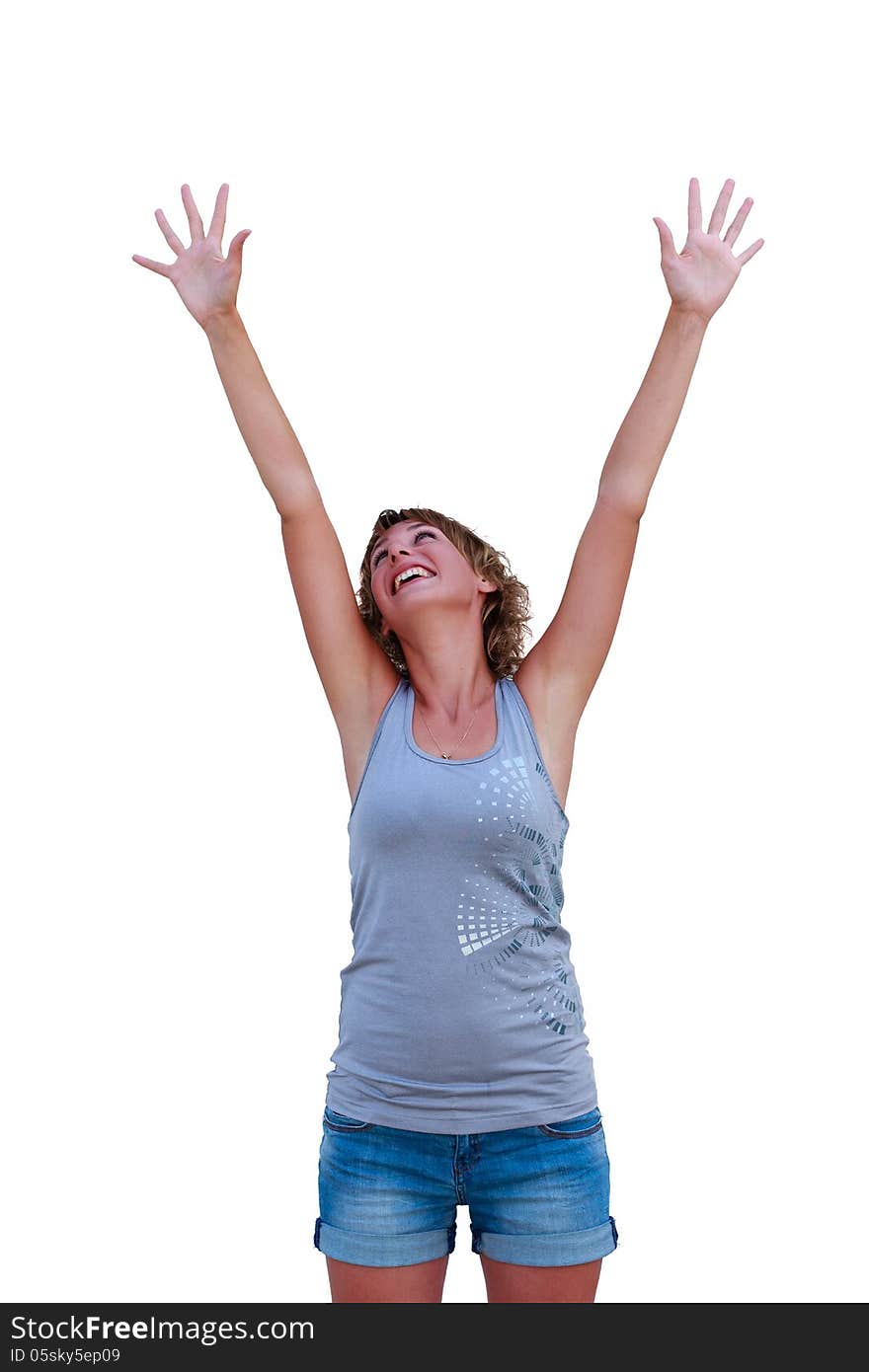 Young happy woman with hands up looking up, isolated on white. Young happy woman with hands up looking up, isolated on white