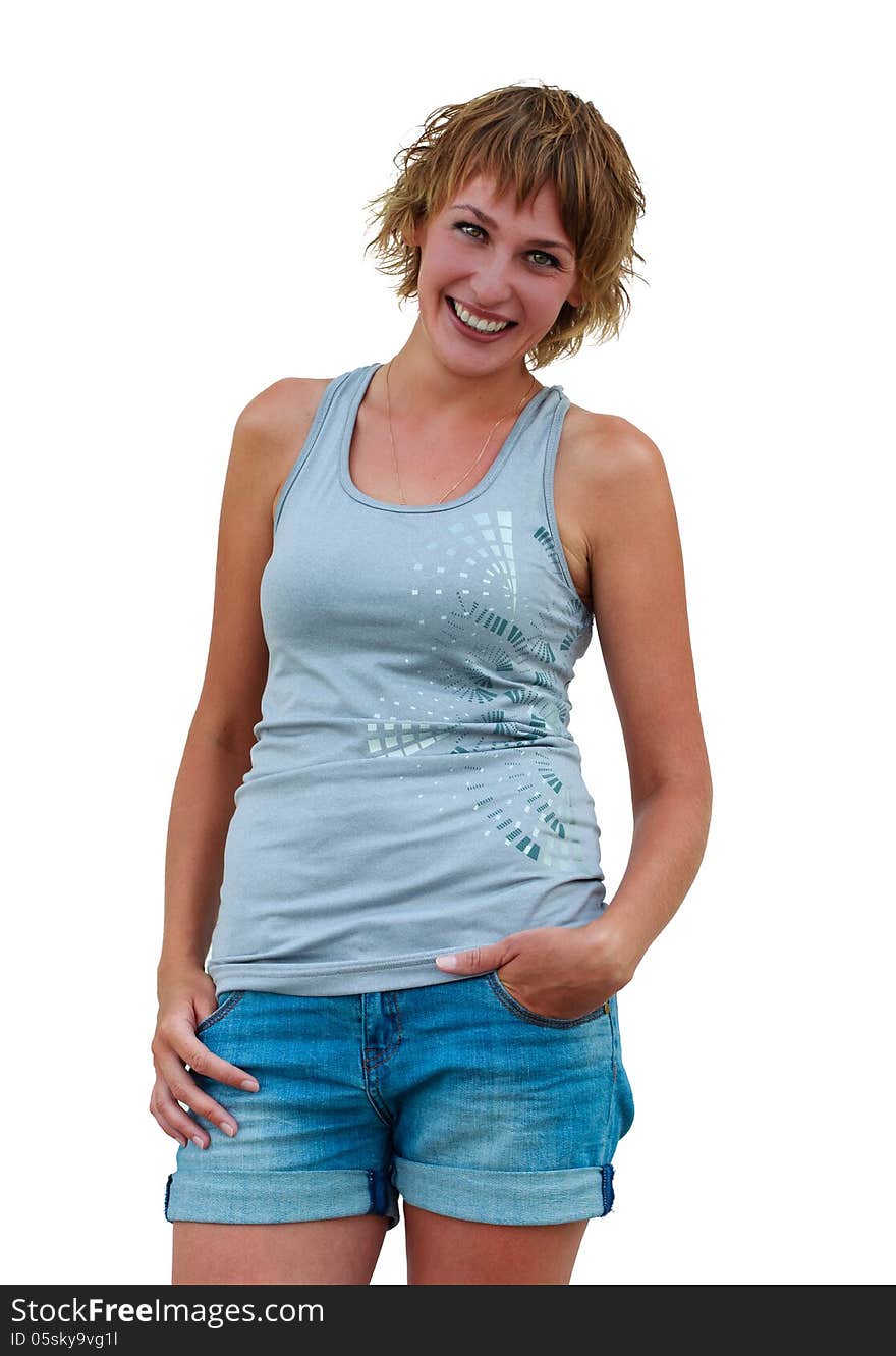 Woman smiling and puts hand inside pocket of denim jeans. Woman smiling and puts hand inside pocket of denim jeans