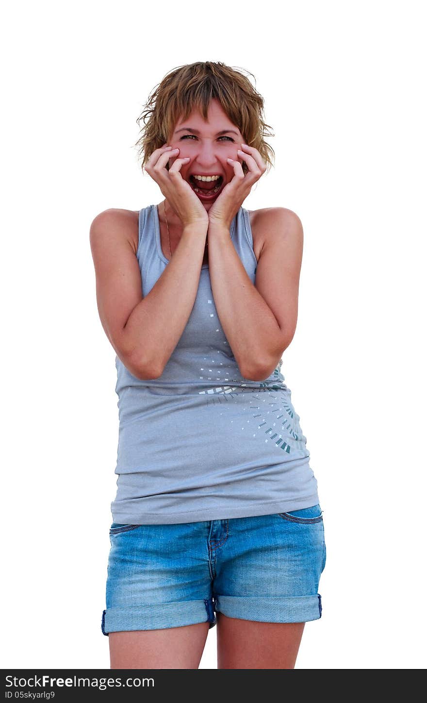 A frightened woman screaming. Isolated on white.