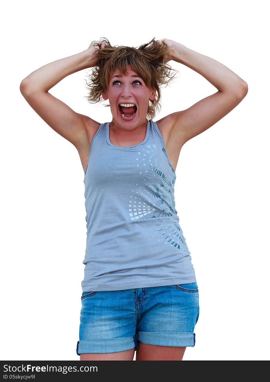 A portrait of a young frustrated woman pulling out hair over white background