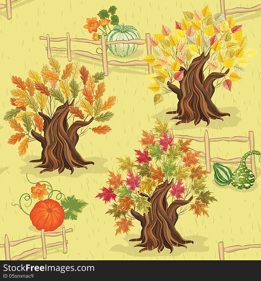 Vector seamless autumn pattern with trees and pumpkins. Vector seamless autumn pattern with trees and pumpkins