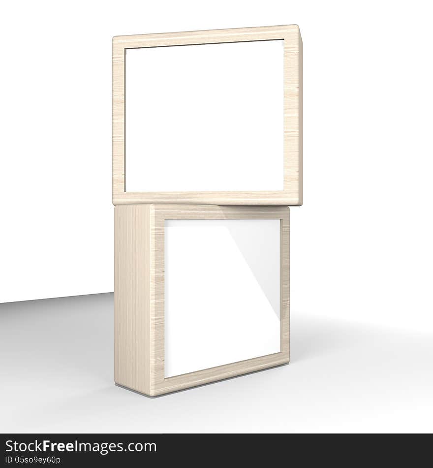 Two blank box display new design wood frame template for design work,isolate on white background.