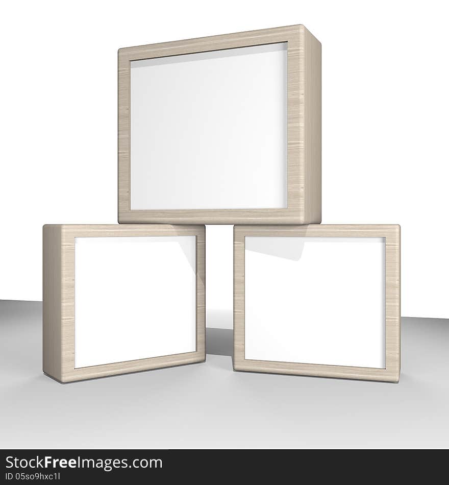 Three blank box display new design wood frame template for design work,isolate on white background.