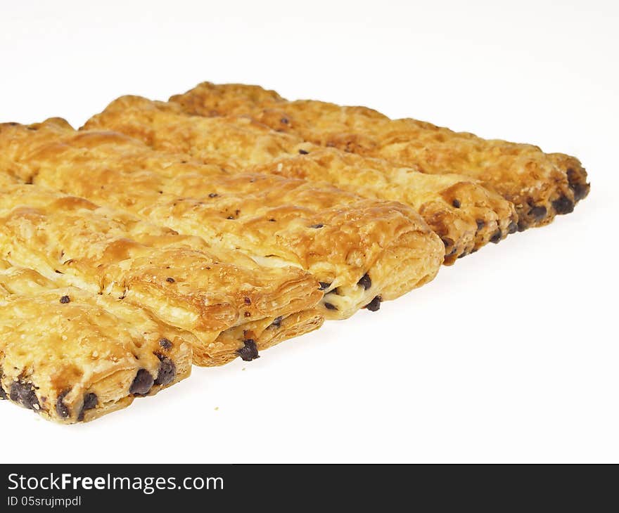 Arrange of stick bread with chocolate chip inside on white background. Arrange of stick bread with chocolate chip inside on white background