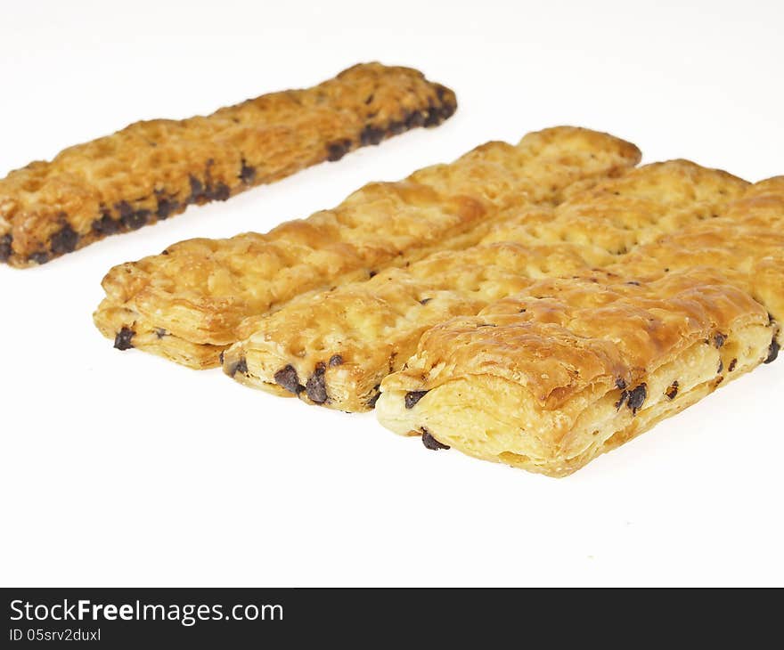 Group of stick bread with chocolate chip inside on white background. Group of stick bread with chocolate chip inside on white background