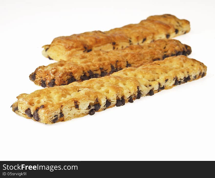 Stick bread with chocolate chip three piece on white background. Stick bread with chocolate chip three piece on white background