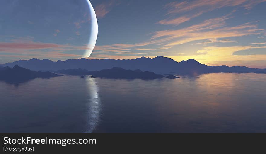 Mountains landscape under morning sky with clouds.