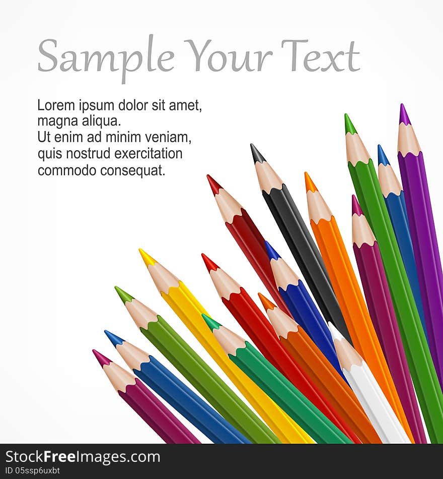 Many colored wooden pencils & text on white, vector illustration