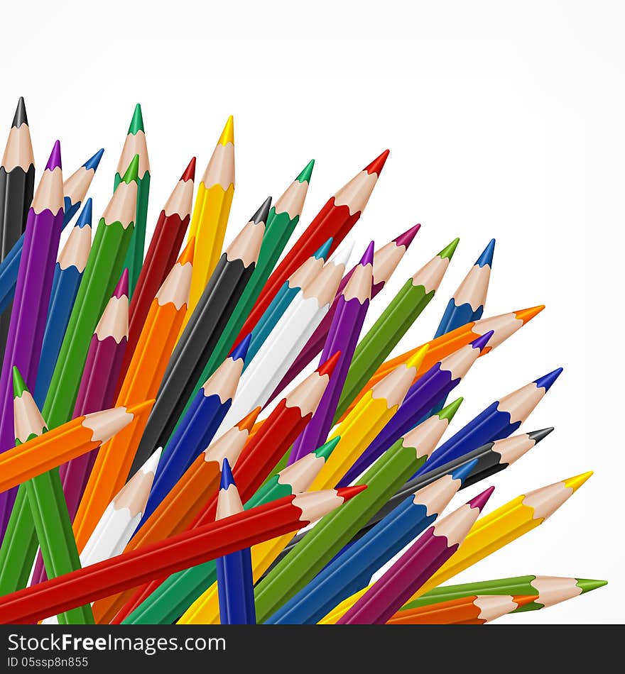 Many colored wooden pencils on white, vector illustration