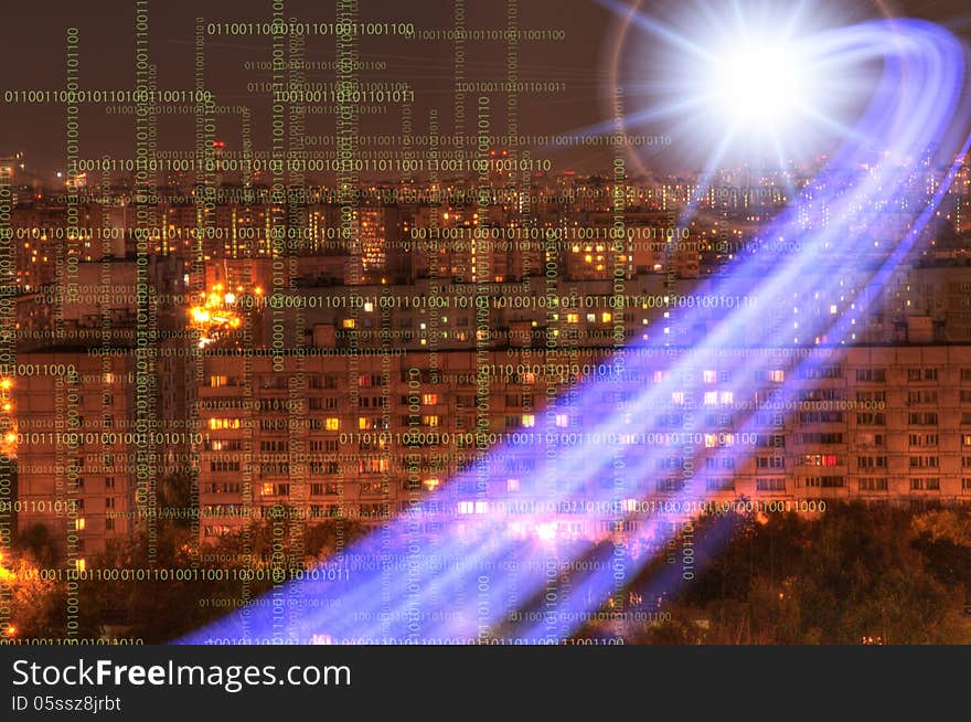 Urban futuristic landscape of night city with bent lines and binary code. Urban futuristic landscape of night city with bent lines and binary code.