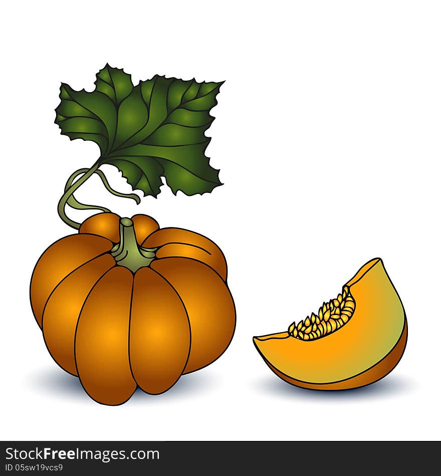 Autumn pumpkin with leaf and slice on white background. Autumn pumpkin with leaf and slice on white background