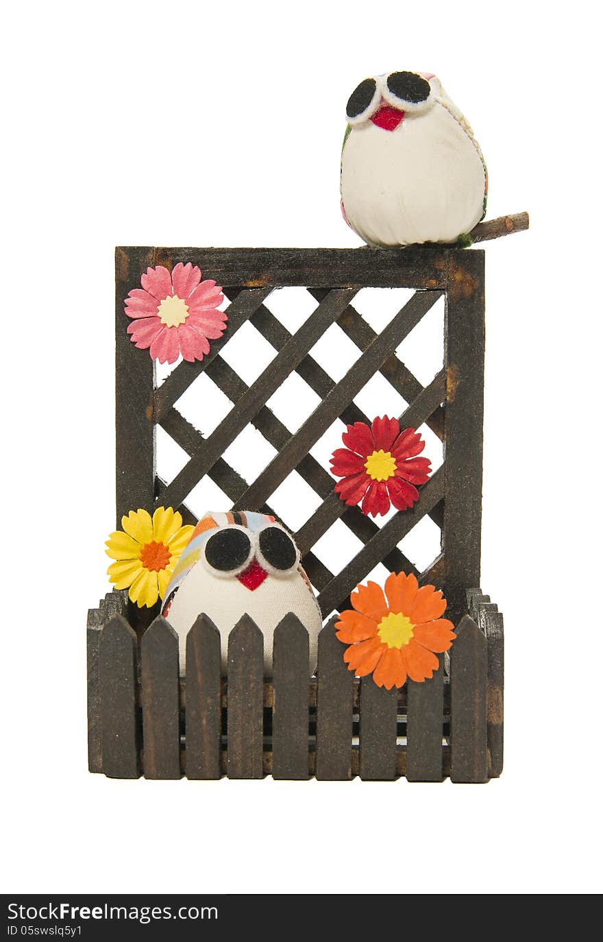 Couple owl with flower on the wooden fence