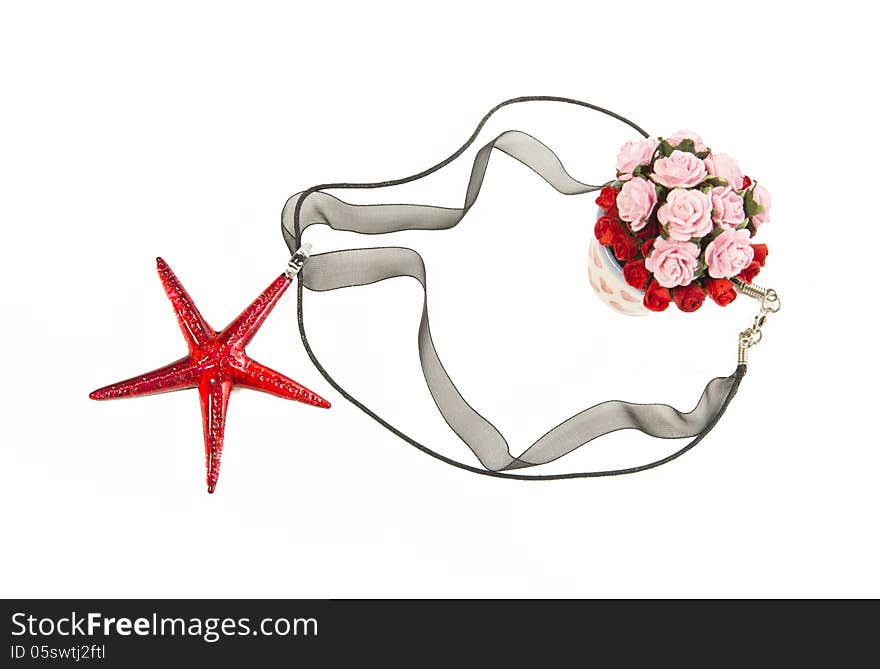 Red crystal star fish necklace with bush of roses