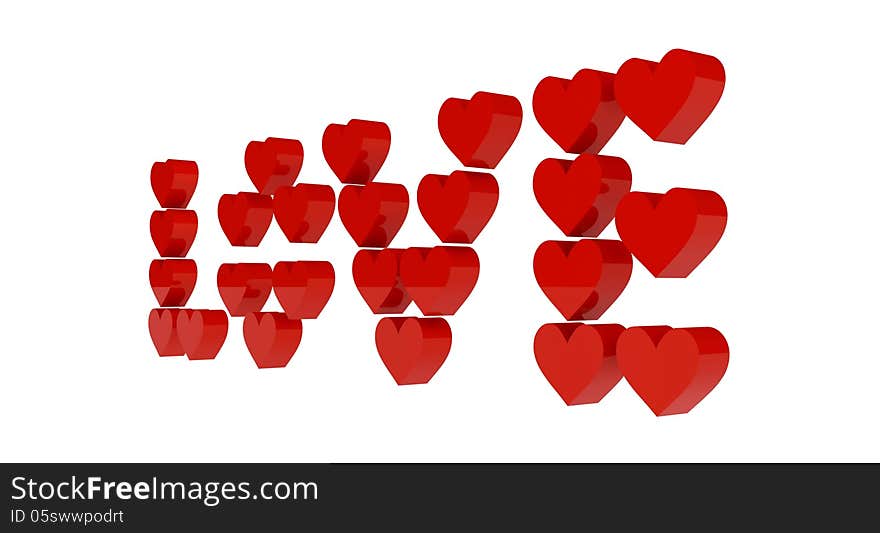 Red hearts set in word LOVE. Concept 3D illustration.