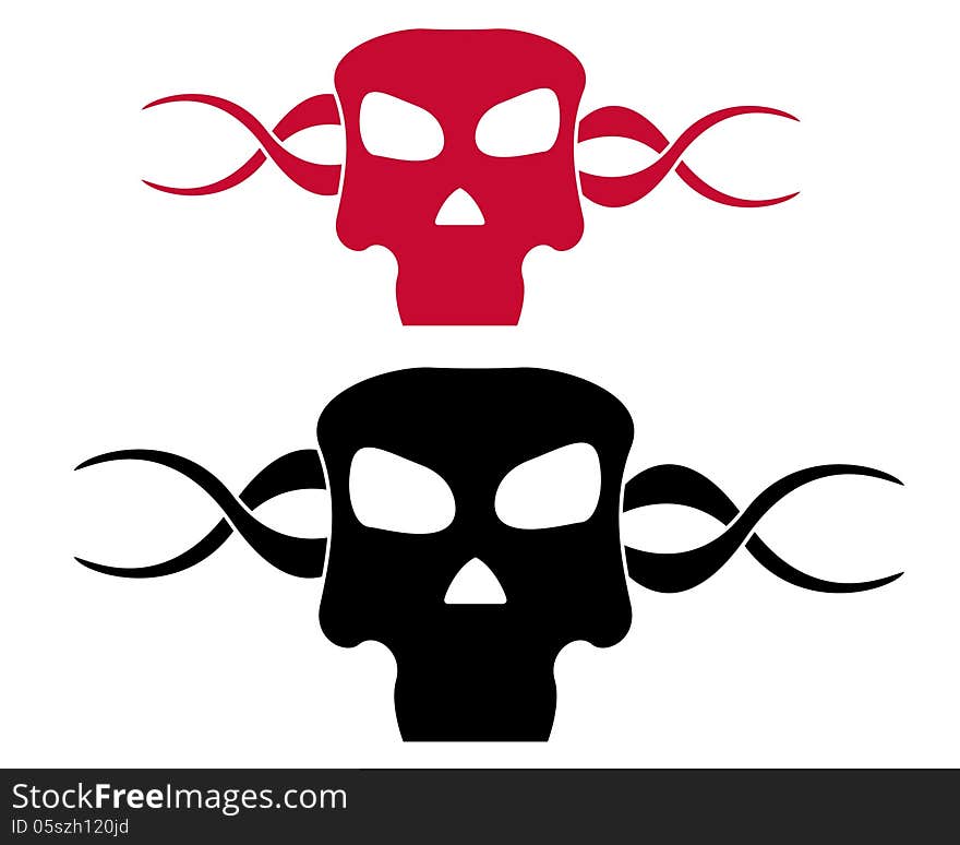 Black and red skull symbol on white background.