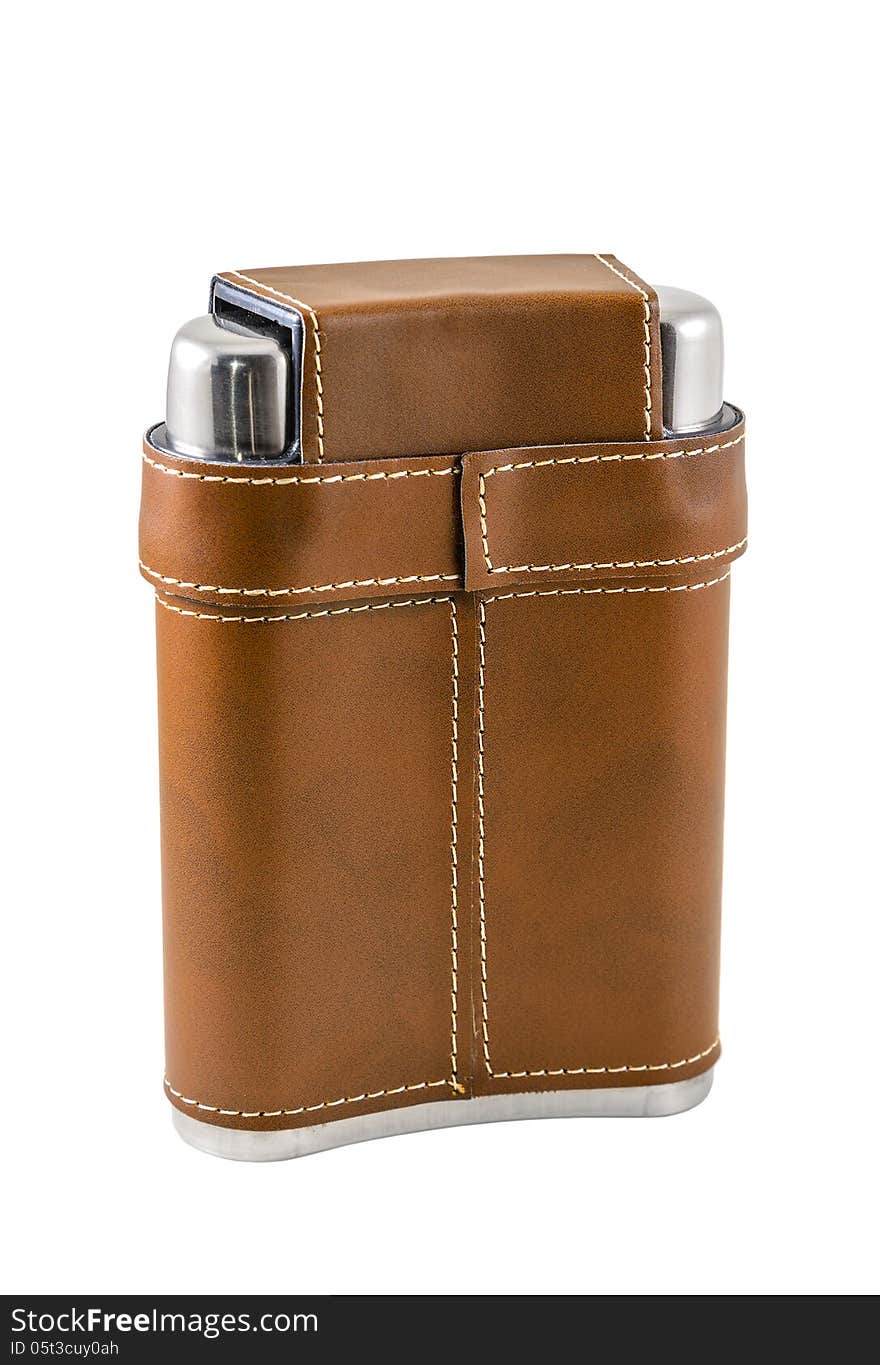 The brown flask is photographed on the white background