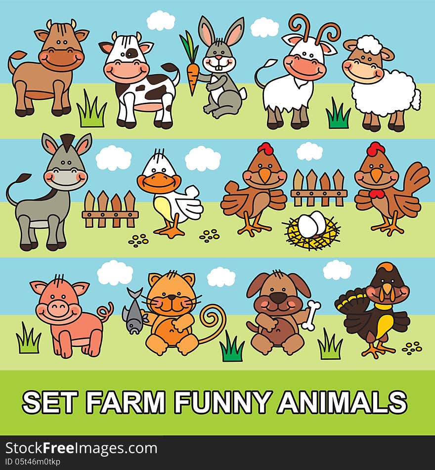 Editable and scalable set vectoe funny cartoon farm animals. Editable and scalable set vectoe funny cartoon farm animals