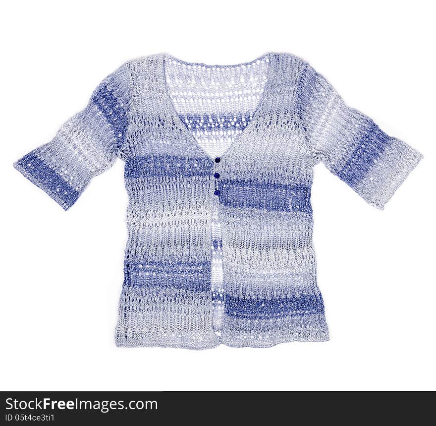 Blue short sleeve crochet sweater isolated.