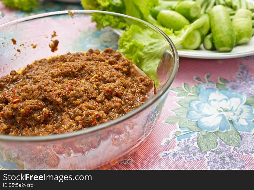 Chilli Sauce is South of Thailand people's regular meal. Ingredient of chilli sauce is minced pork and chilli etc.