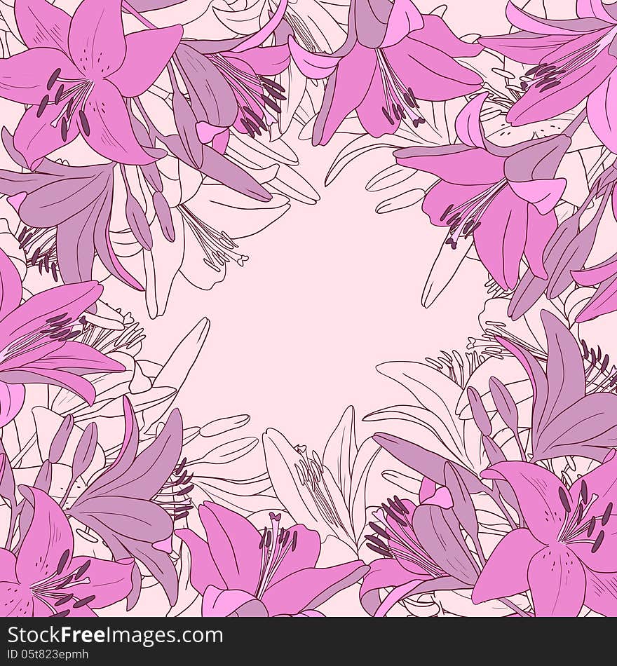 Floral frame with lily flowers, vector illustration