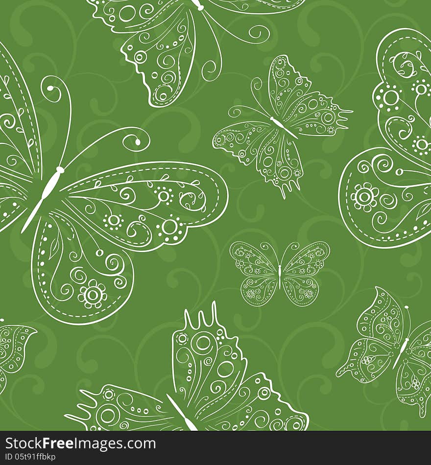 Hand drawing green seamless abstract butterflies ornament. Vector illustration