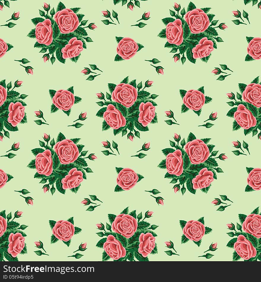 Red roses bouquet on seamless green background