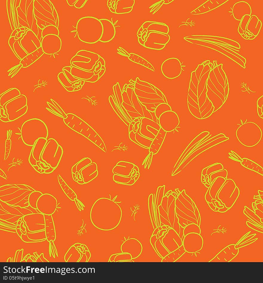 Seamless pattern illustration background for your kitchen with vegetables: pepper, tomato, dill, cabbage, onions, carrots on orange. Seamless pattern illustration background for your kitchen with vegetables: pepper, tomato, dill, cabbage, onions, carrots on orange