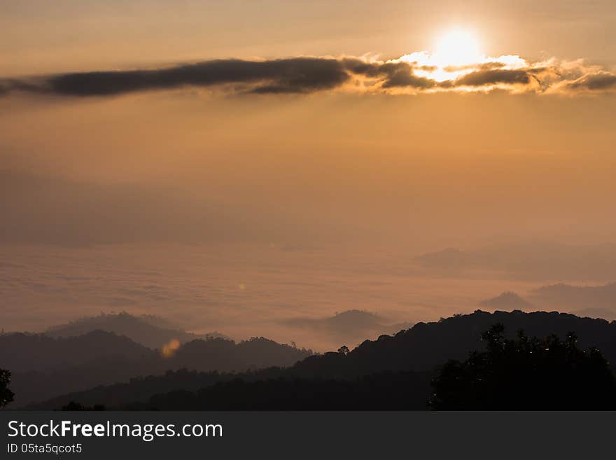 Golden sun rising to the sky over the sea of clouds