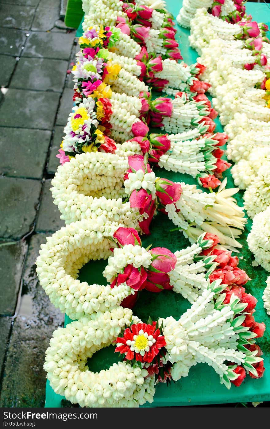 Thai style garland at flower market in Thailand