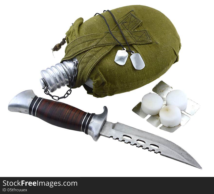 Isolated scout set with flask, knife and medallions. Isolated scout set with flask, knife and medallions