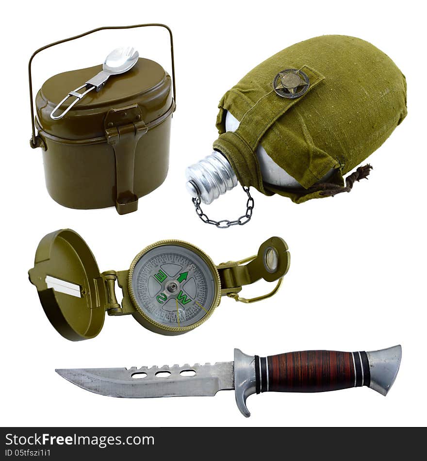 Isolated set of food container, flask, compas and knife. Isolated set of food container, flask, compas and knife