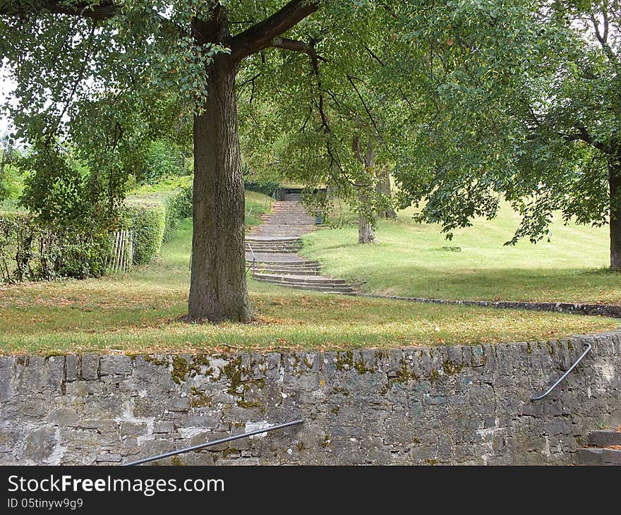 A path with stairs under a big oak in the park