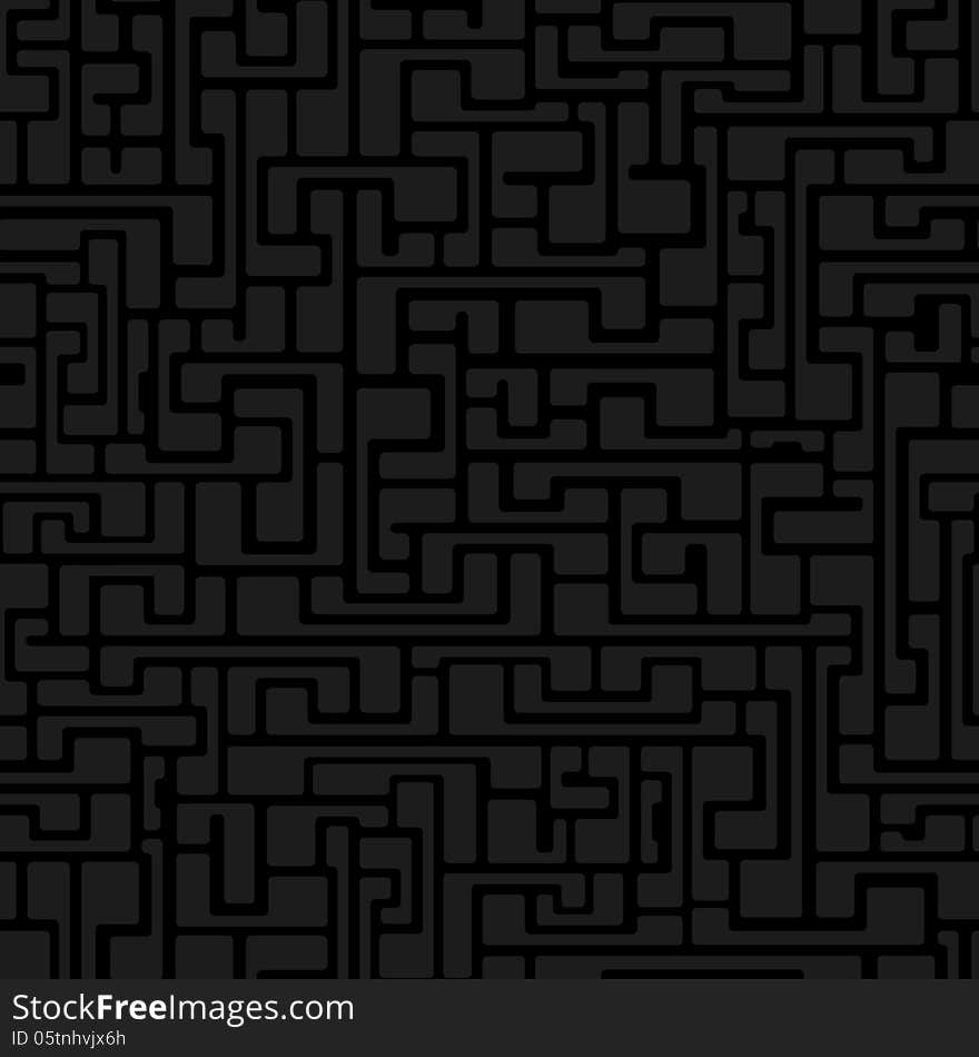 Labyrinth abstract seamless pattern in gray color on black background