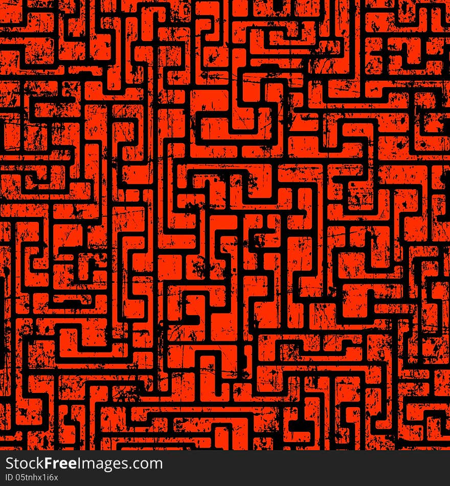 Labyrinth abstract seamless grunge pattern in dark red colors