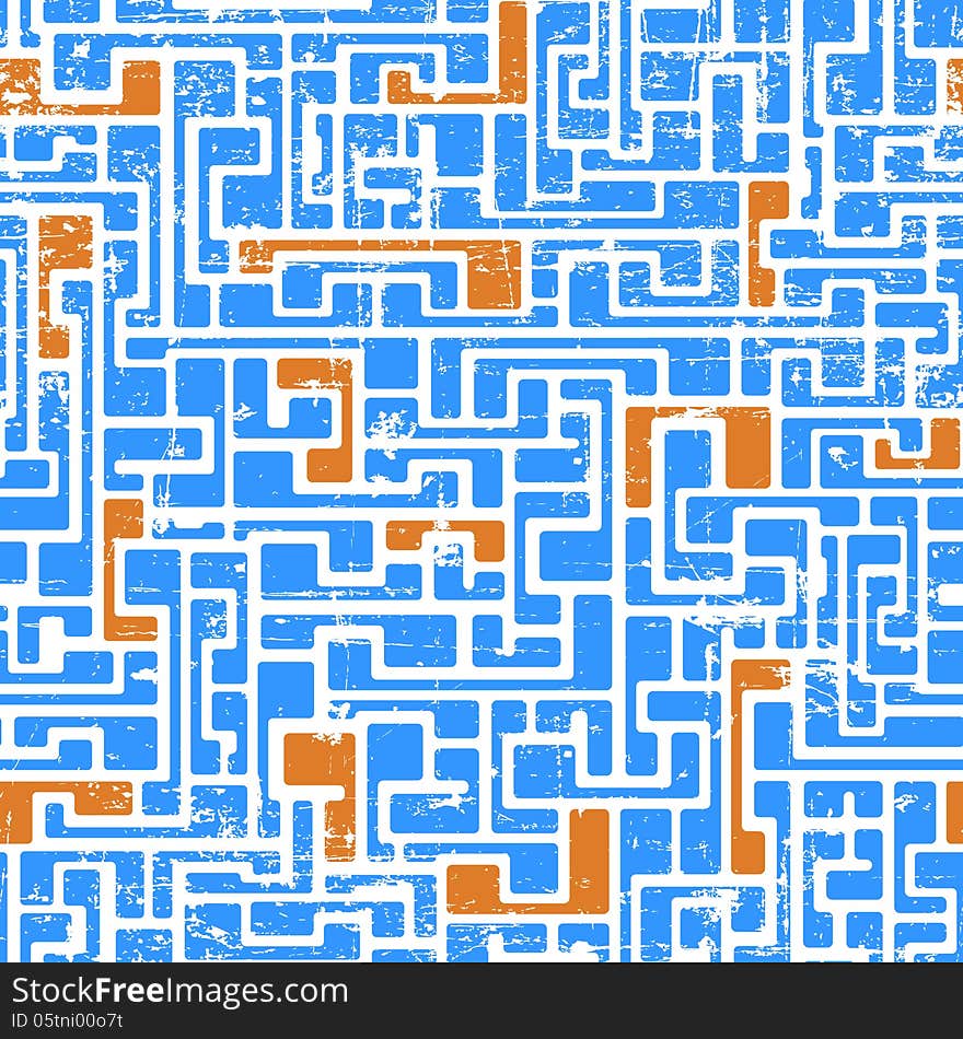 Labyrinth abstract seamless pattern in light blue and orange colors