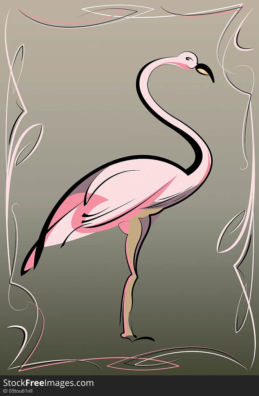 Pink flamingo on gray-green background with abstract pattern