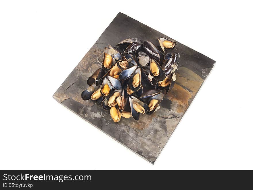 Freshly cooked mussels in white wine sauce