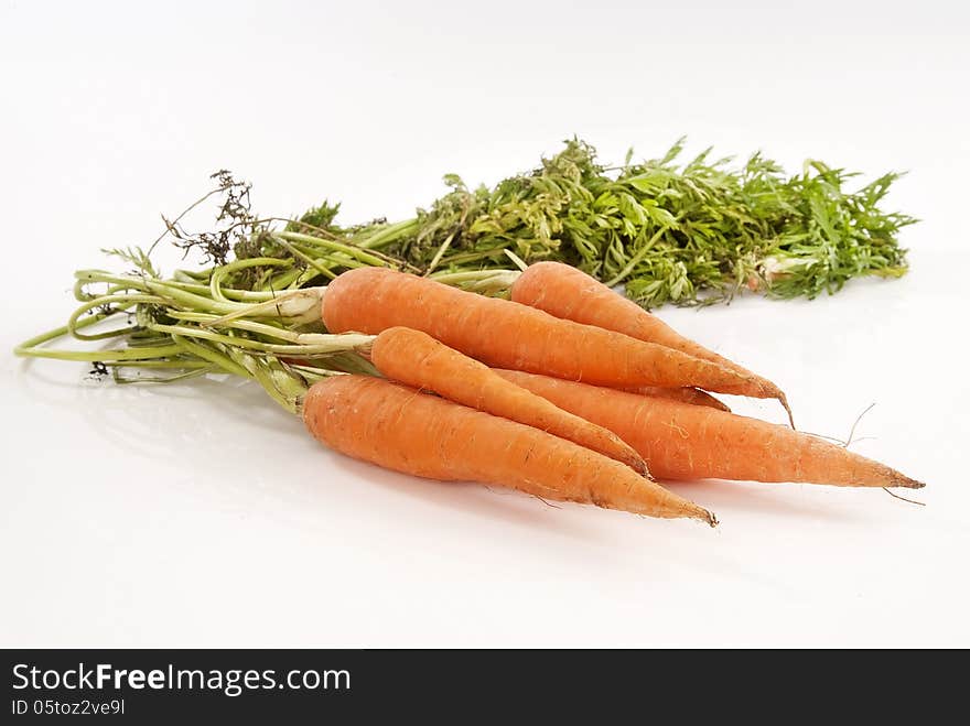 Organic carrots grown on a farm against white