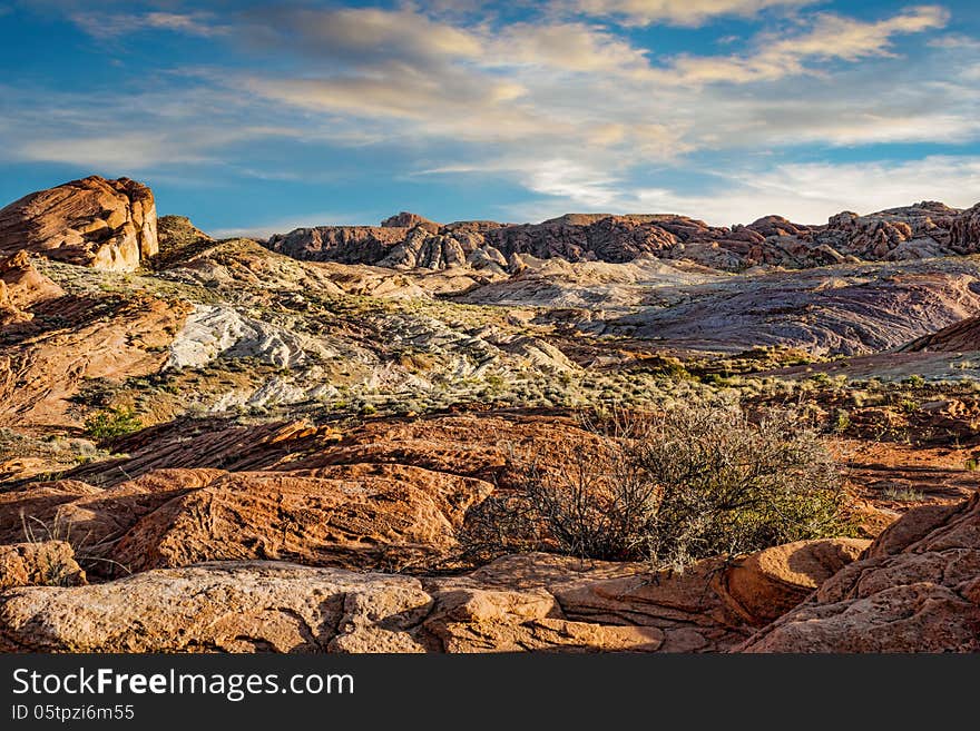 Rocky landscape in Valley of Fire with cloudy sunset