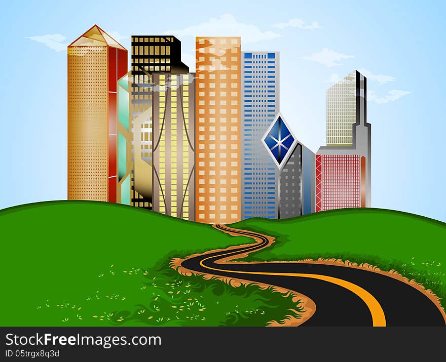 Illustration road into city landscape background